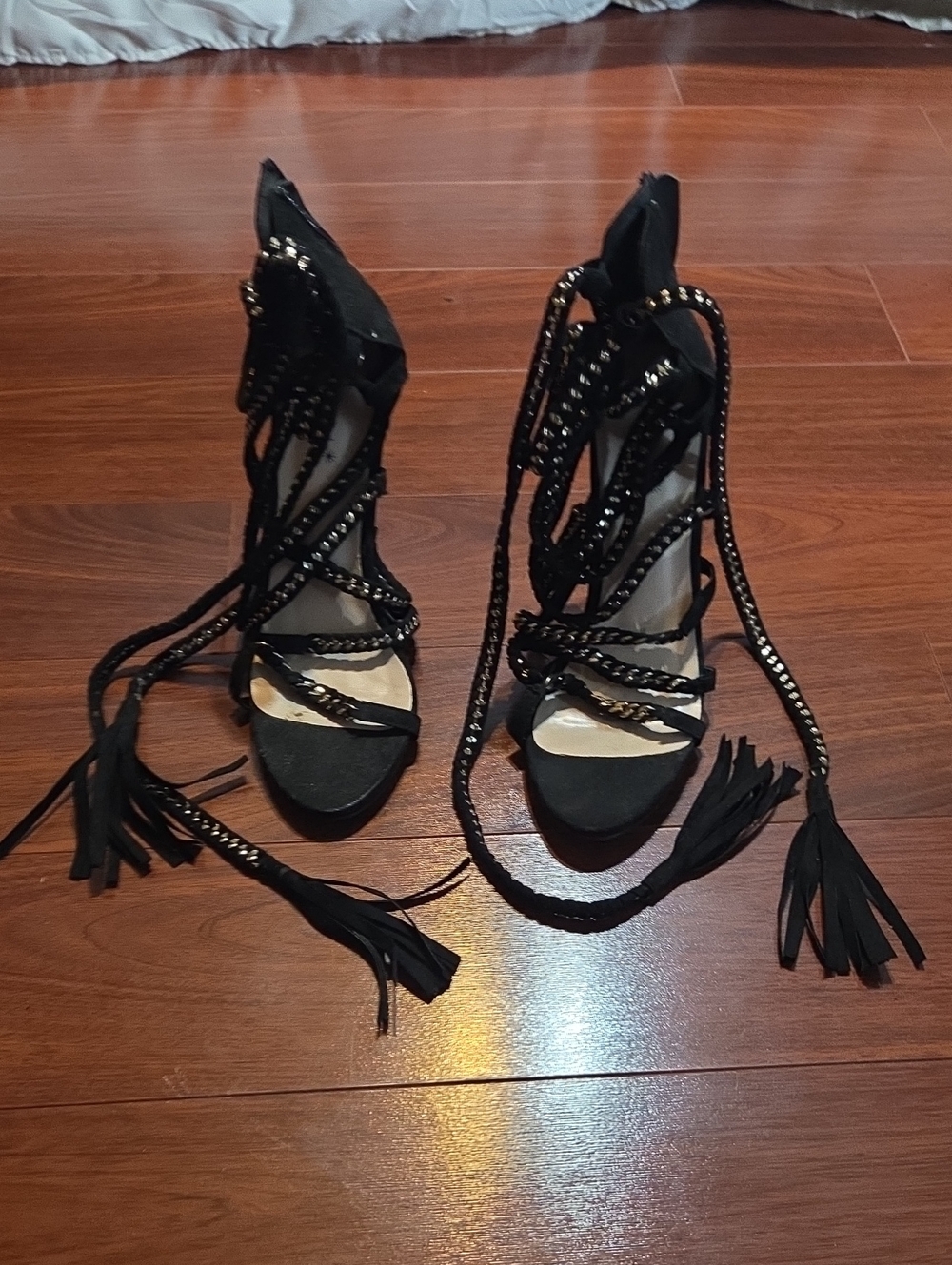 Shoe Dazzle Black Braided Lace-Up Tassel Gladiator Heels